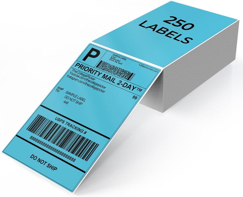 YIKIADA Blue Shipping Thermal Labels 4 × 6 Inch Vinyl Self-Adhesive Fanfold Direct Stickers Waterproof Perforated Printer Decal for Office Warehouse Home Address 250 PCS - Image 1